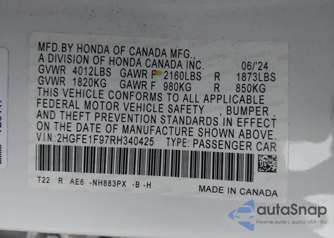 2024 Honda Civic Touring from USA, damaged, VIN 2HGFE1F97RH340425